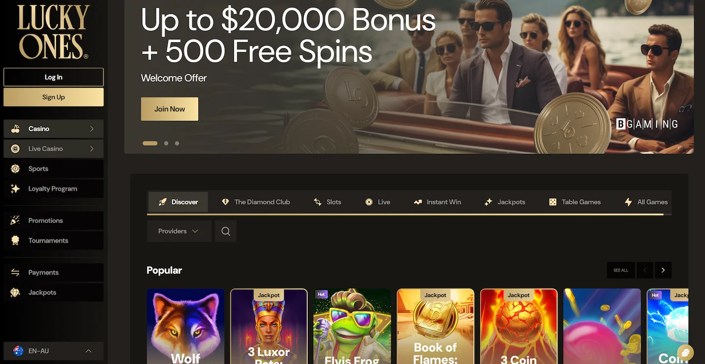 Lucky Ones homepage featuring welcome bonus offer, popular online pokies and site navigation